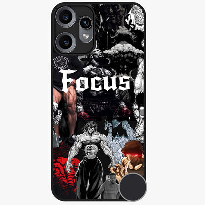 Relentless Power Focus Glass Case showing flat back view with motivational typography artwork and glossy glass finish.