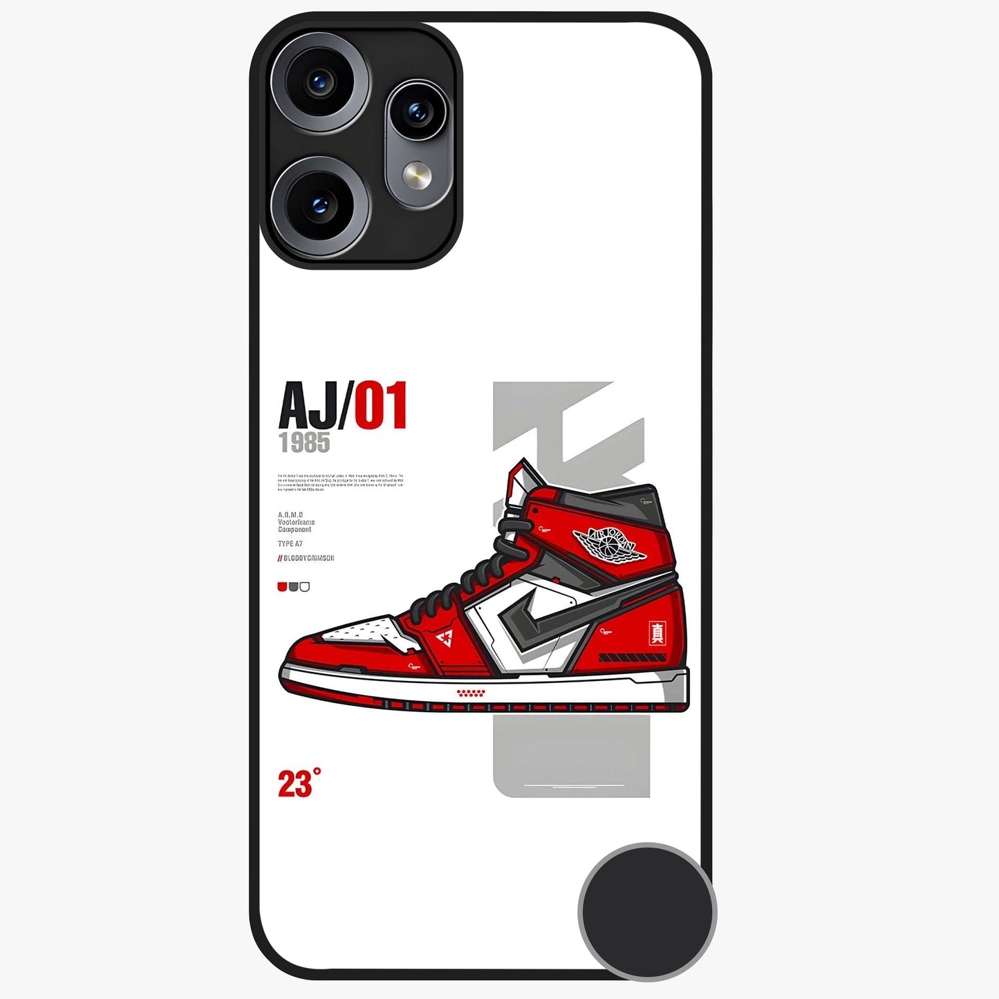 Retro Sneaker Blueprint Glass Case showing flat back view with sneaker blueprint style artwork and glossy glass finish.