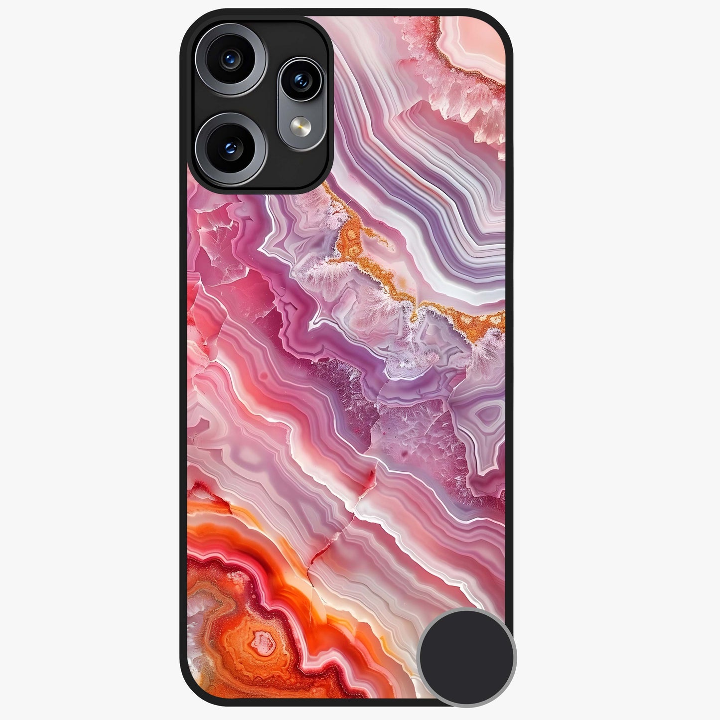 Rose Quartz Marble Glass Case showing flat back view with pink marble quartz texture artwork and glossy glass finish.