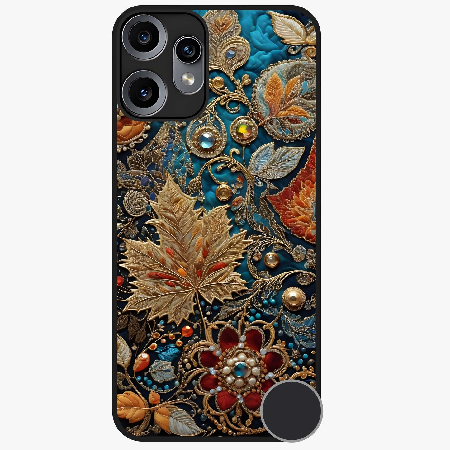 Royal Jewel Garden Glass Case showing flat back view with decorative floral garden artwork and glossy glass finish.