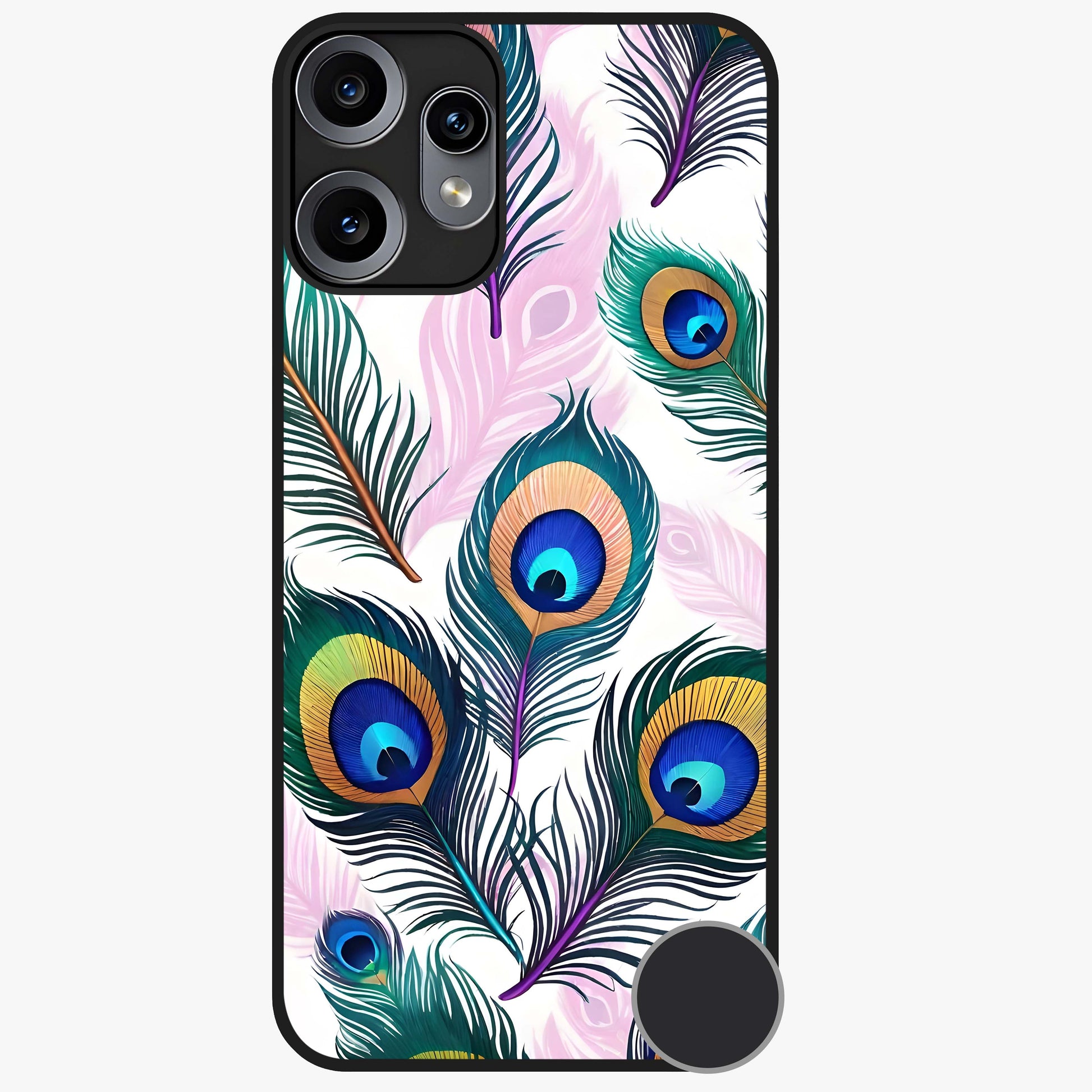 Royal Peacock Feathers Glass Case showing flat back view with colorful peacock feather artwork and glossy glass finish.