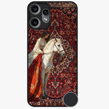 Royal Rider Tapestry Glass Case showing flat back view with majestic horse rider tapestry artwork and glossy glass finish.