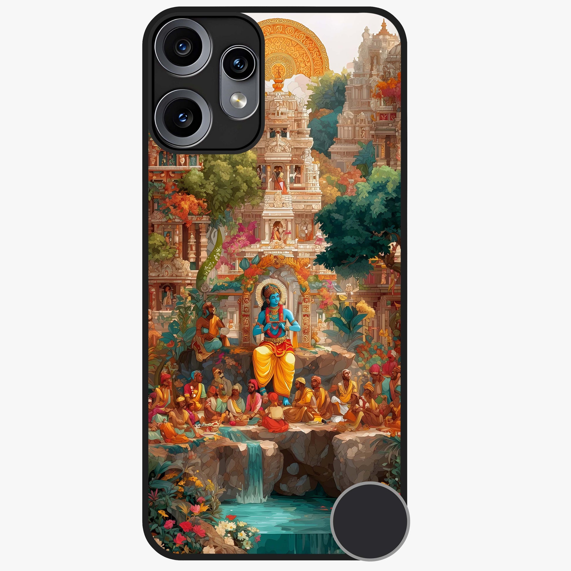 Sacred Sunlight Gods Glass Case showing flat back view with divine sunlight themed artwork and glossy glass finish.