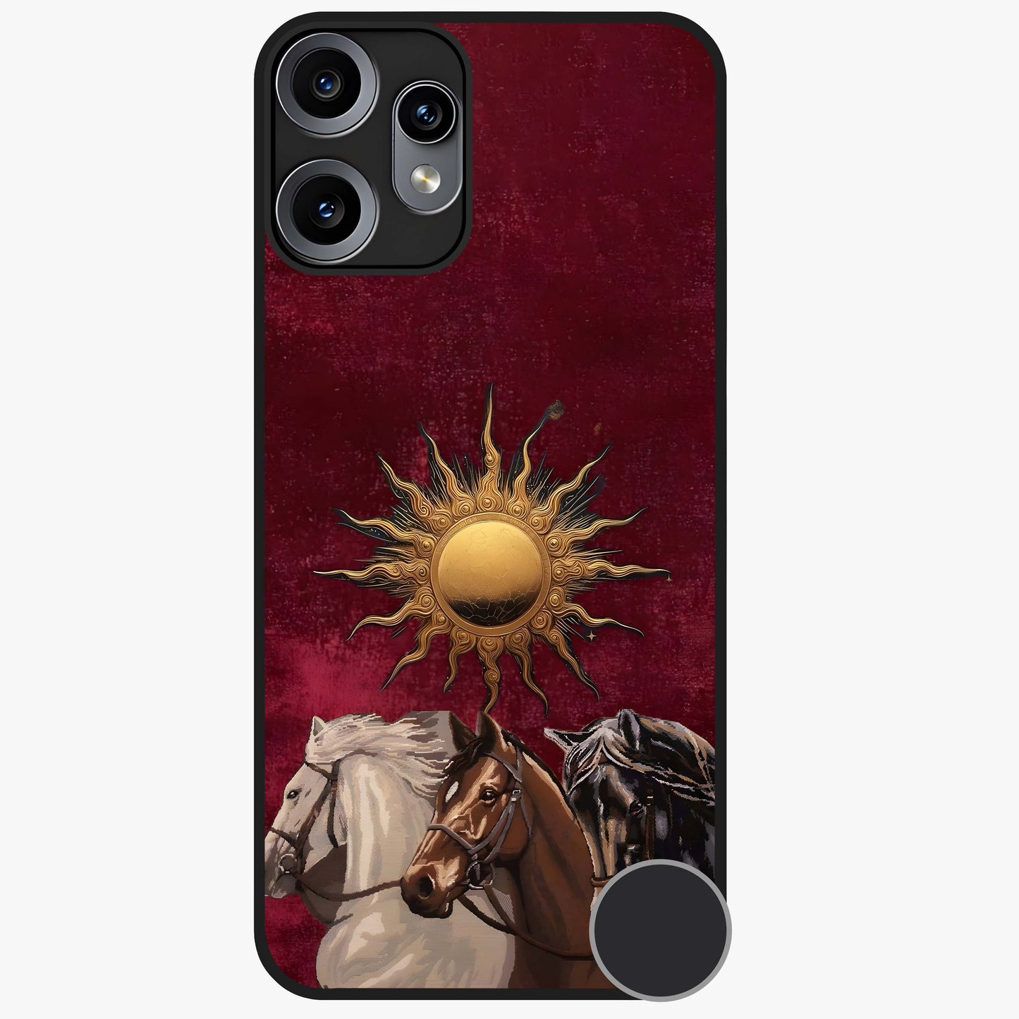 Solar Riders Glass Case showing flat back view with dynamic rider themed artwork and glossy glass finish.