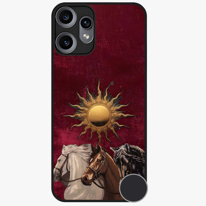 Solar Riders Glass Case showing flat back view with dynamic rider themed artwork and glossy glass finish.