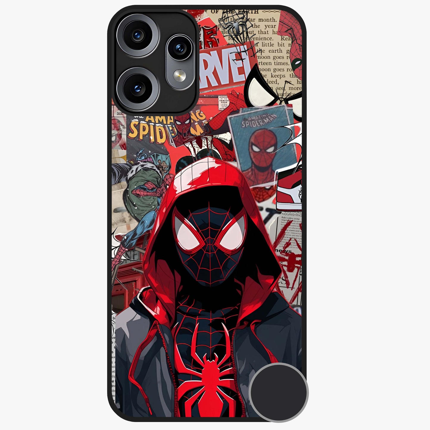 Spider Collage Street Glass Case showing flat back view with vibrant superhero collage artwork and glossy glass finish.