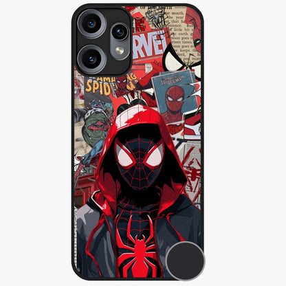 Spider Collage Street Glass Case showing flat back view with vibrant superhero collage artwork and glossy glass finish.