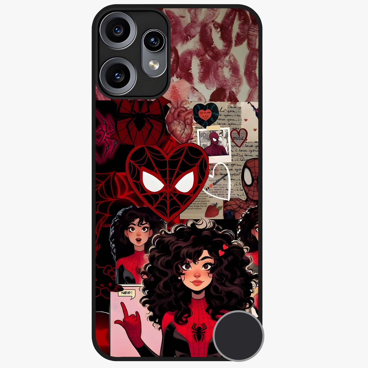 Spider Love Story Glass Case showing flat back view with romantic superhero themed artwork and glossy glass finish.