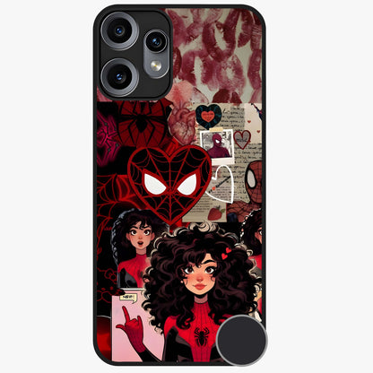 Spider Love Story Glass Case showing flat back view with romantic superhero themed artwork and glossy glass finish.