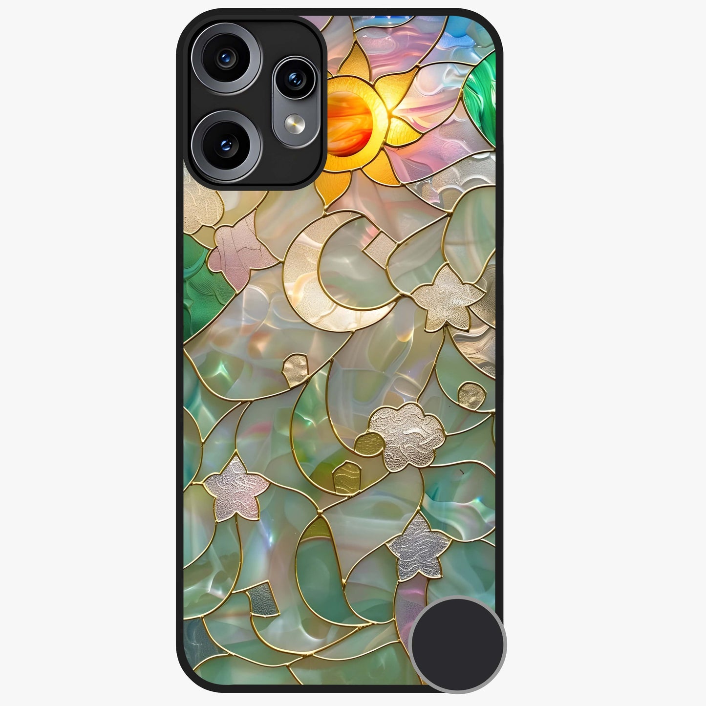 Stained Sunrise Glow Glass Case showing flat back view with glowing sunrise stained pattern artwork and glossy glass finish.