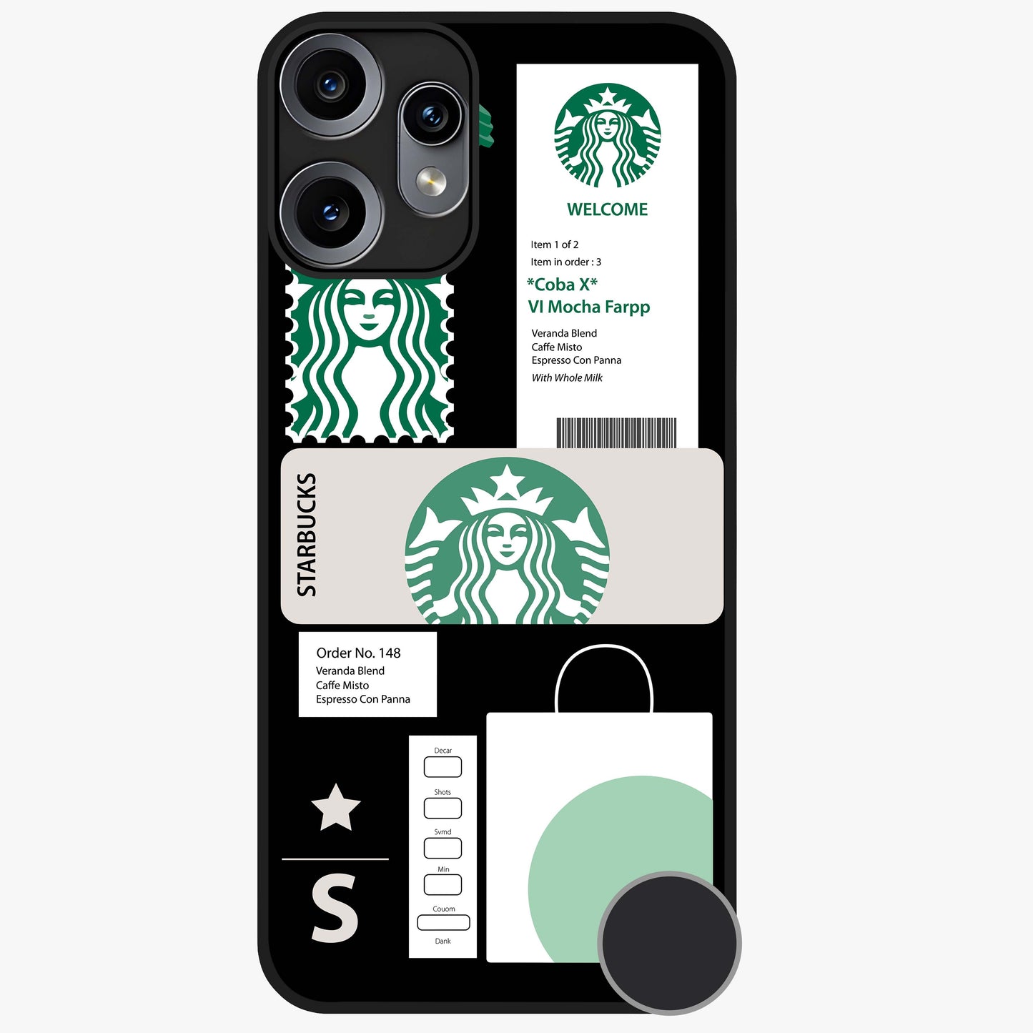 Starbucks Mocha Glass Case showing flat back view with coffee inspired artwork and glossy glass finish.