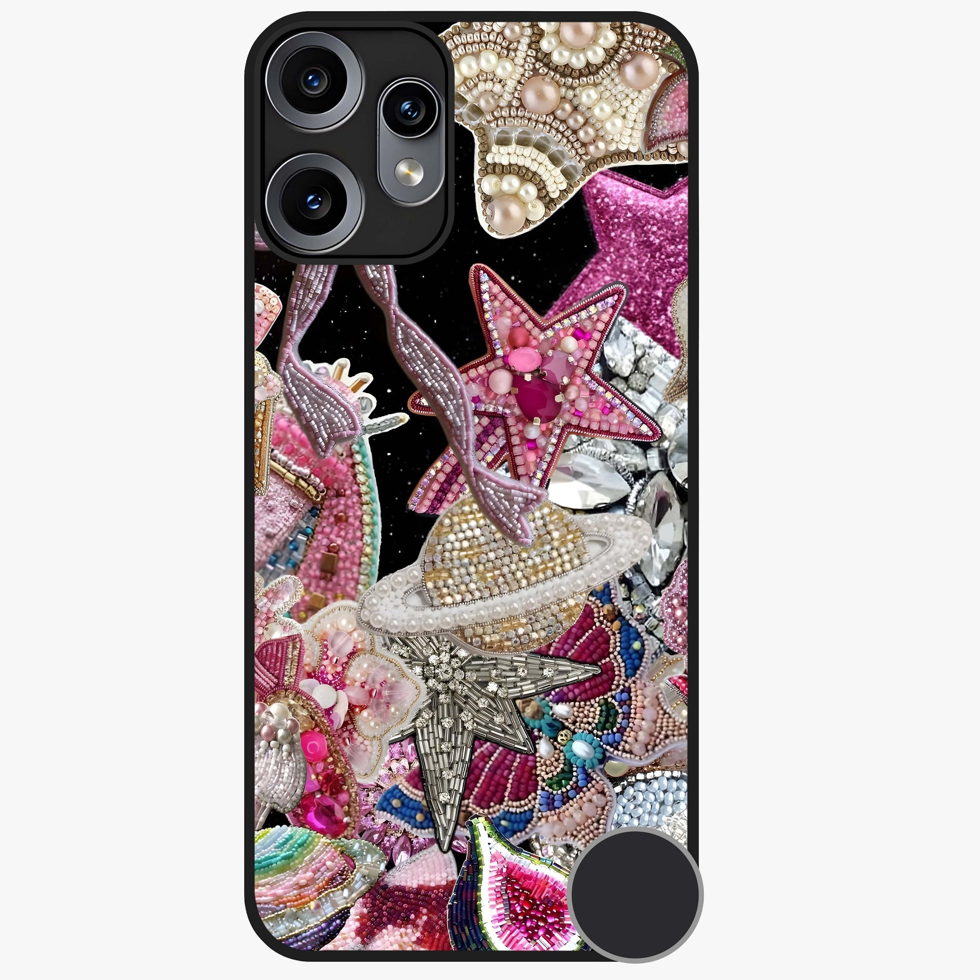 Starlit Jewel Dream Glass Case showing flat back view with sparkling jewel and star themed artwork and glossy glass finish.
