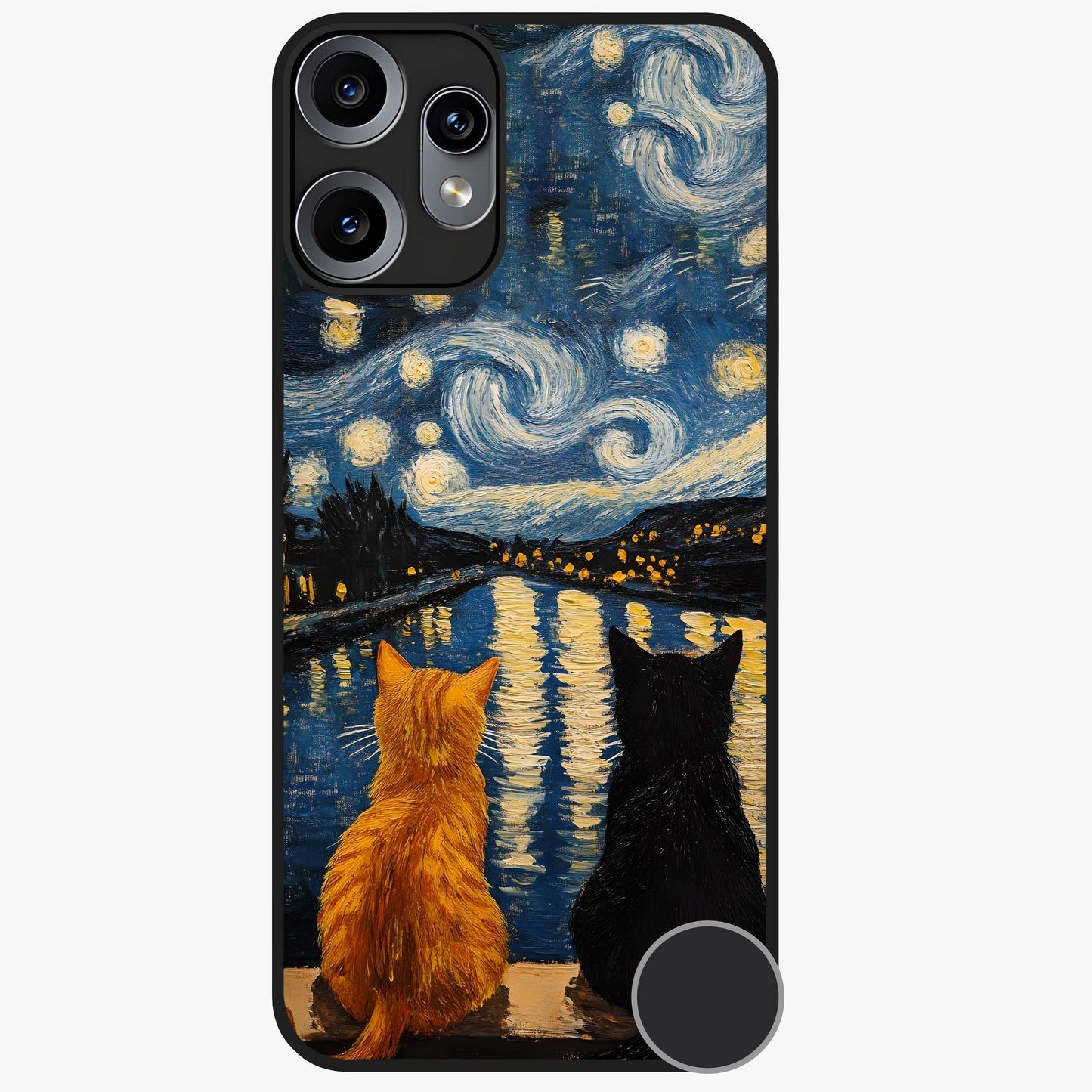Starry River Cats Glass Case showing flat back view with cats by a starry river artwork and glossy glass finish.