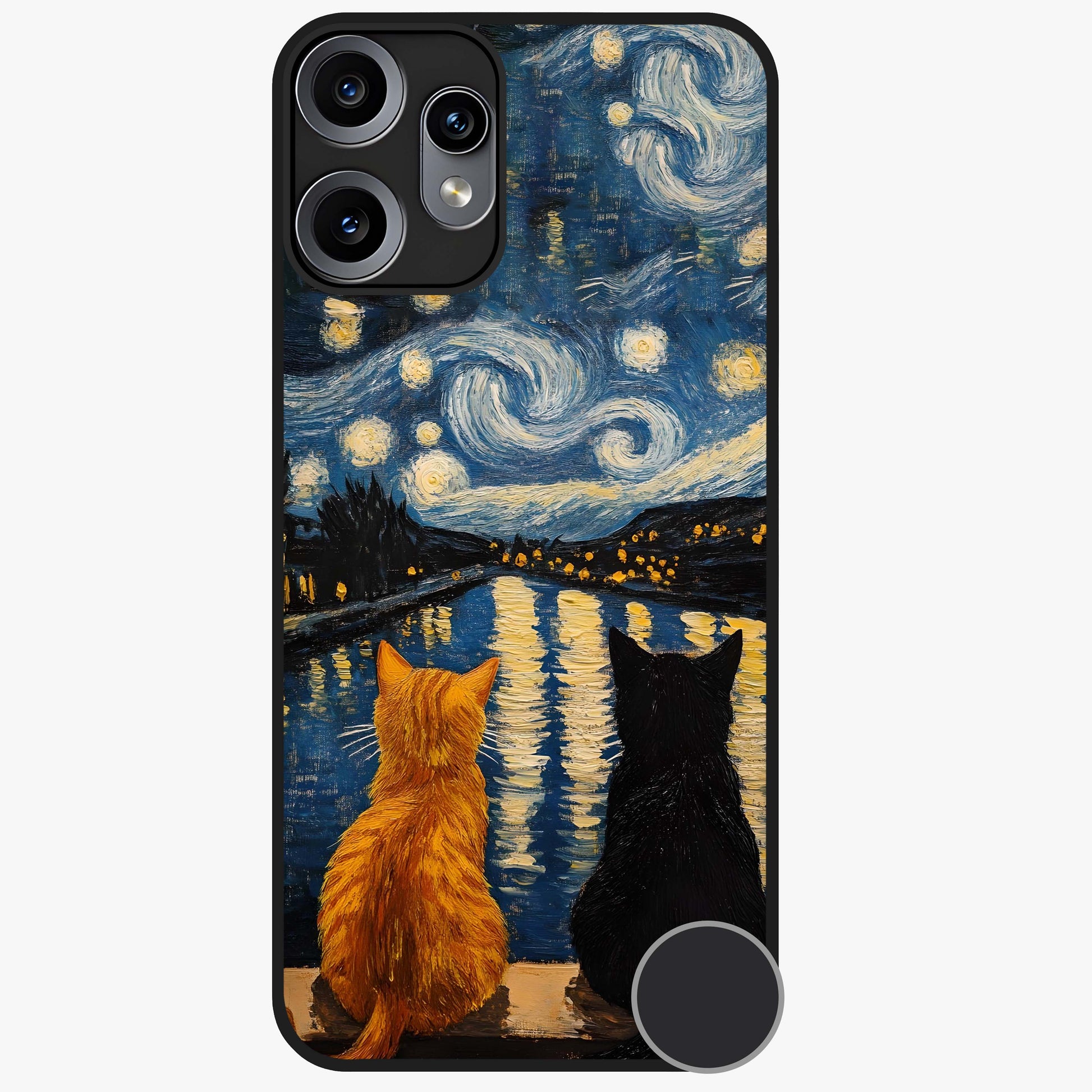 Starry River Cats Glass Case showing flat back view with cats by a starry river artwork and glossy glass finish.