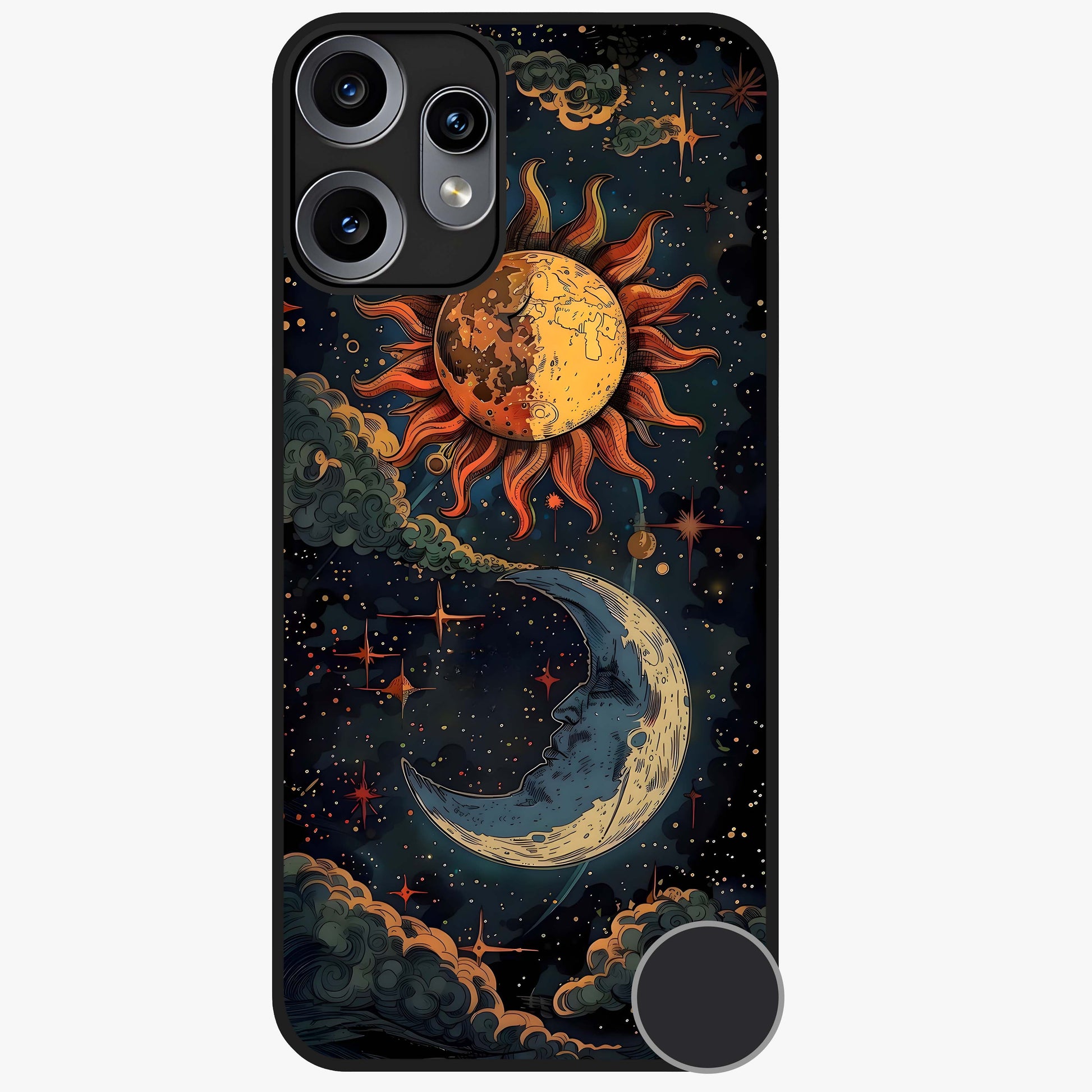 Sun And Moon Magic Design Glass Case showing flat back view with mystical sun and moon artwork and glossy glass finish.