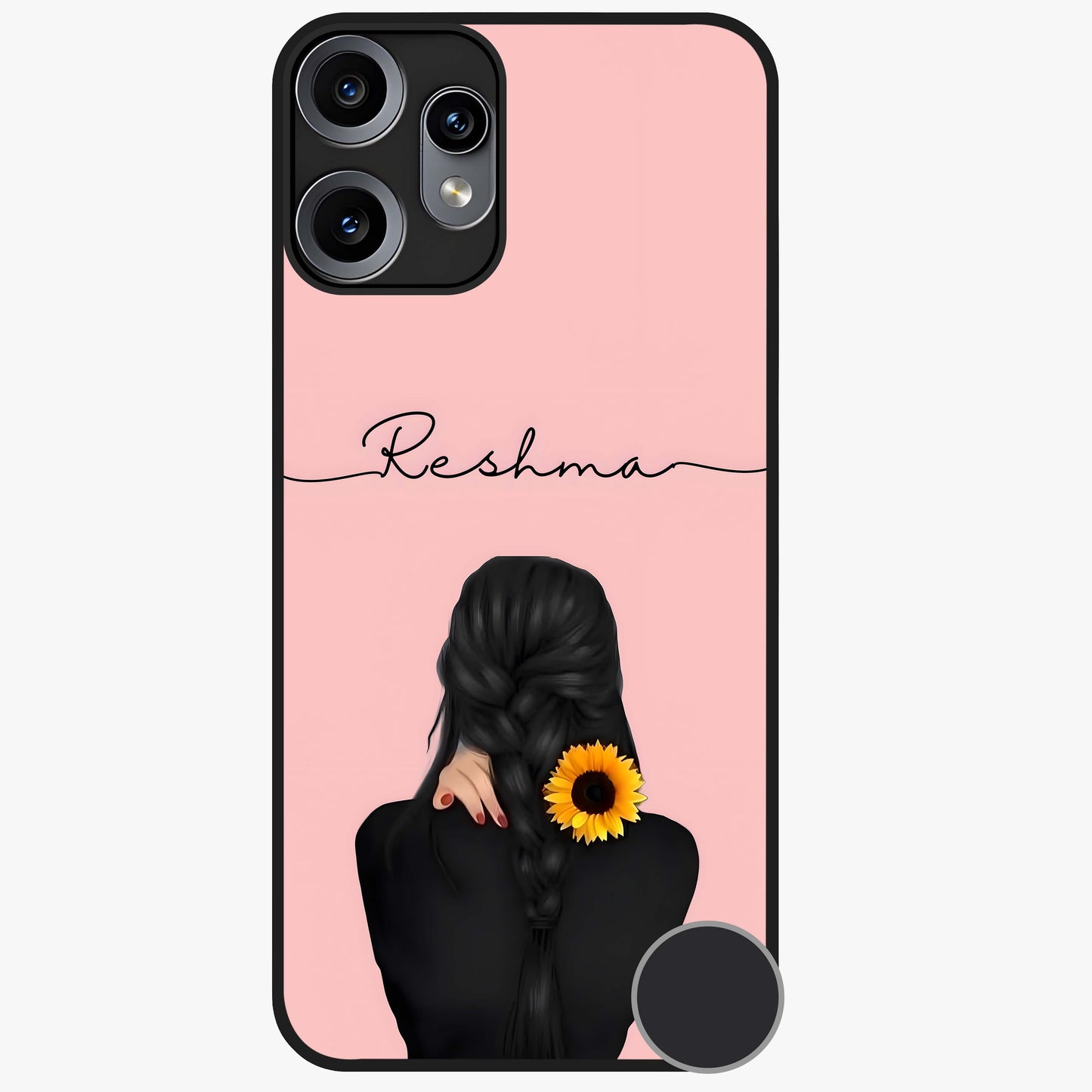 Sunflower Braid Beauty With Custom Name Glass Case showing flat back view with sunflower braid artwork and personalized name design.