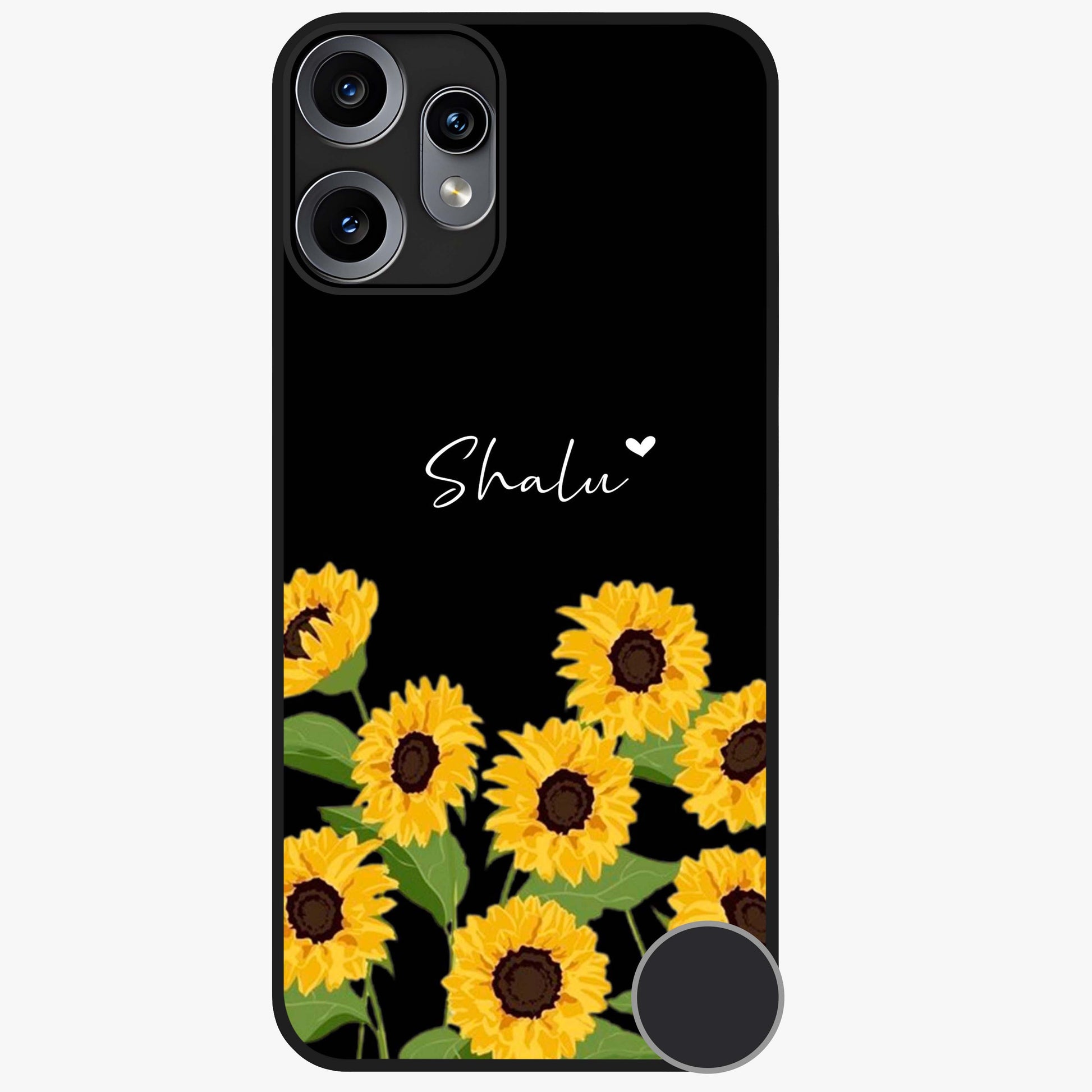 Sunflower Chic Mood Custom Name Glass Case showing flat back view with stylish sunflower artwork and personalized name design.