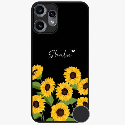 Sunflower Chic Mood Custom Name Glass Case showing flat back view with stylish sunflower artwork and personalized name design.