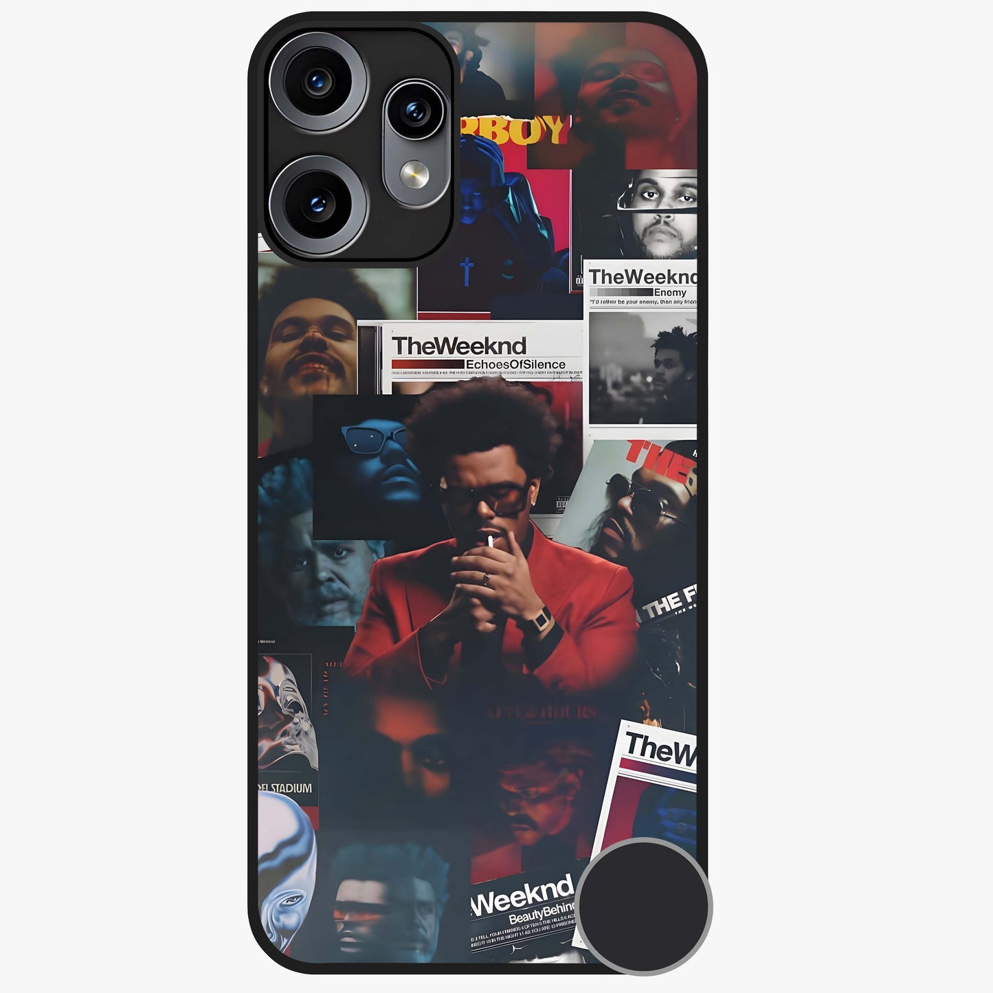 The Weeknd Glass Case showing flat back view with music inspired artistic portrait artwork and glossy glass finish.