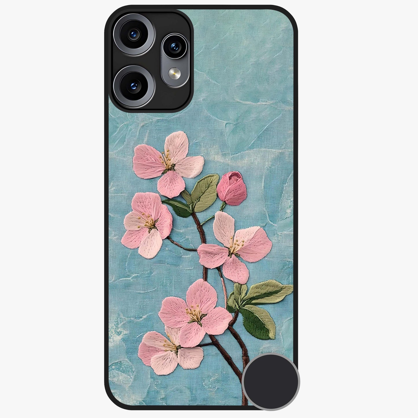 Threaded Blossom Breeze Glass Case showing flat back view with delicate blossom artwork and glossy glass finish.