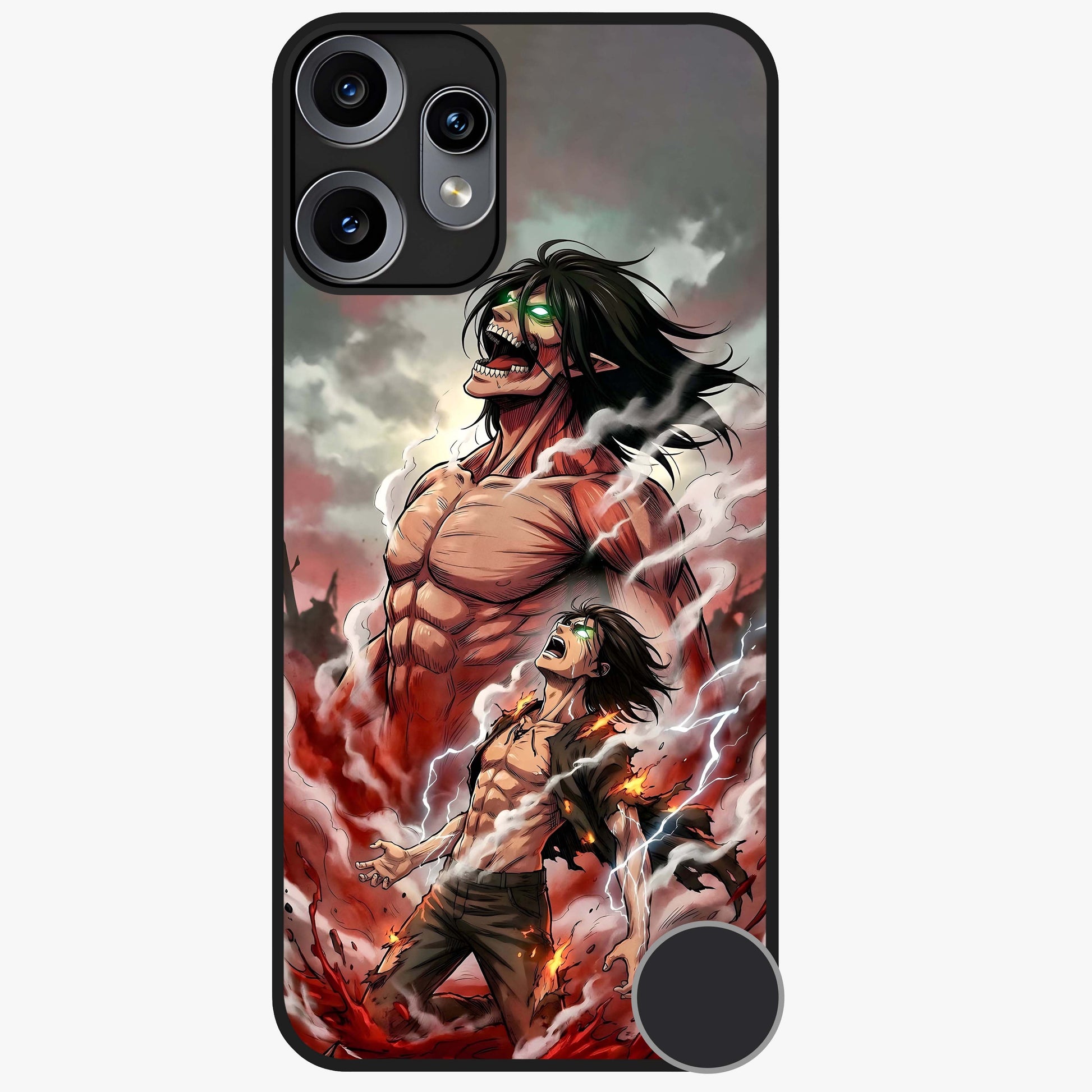Titan Awakening Fury Glass Case showing flat back view with powerful titan inspired artwork and glossy glass finish.