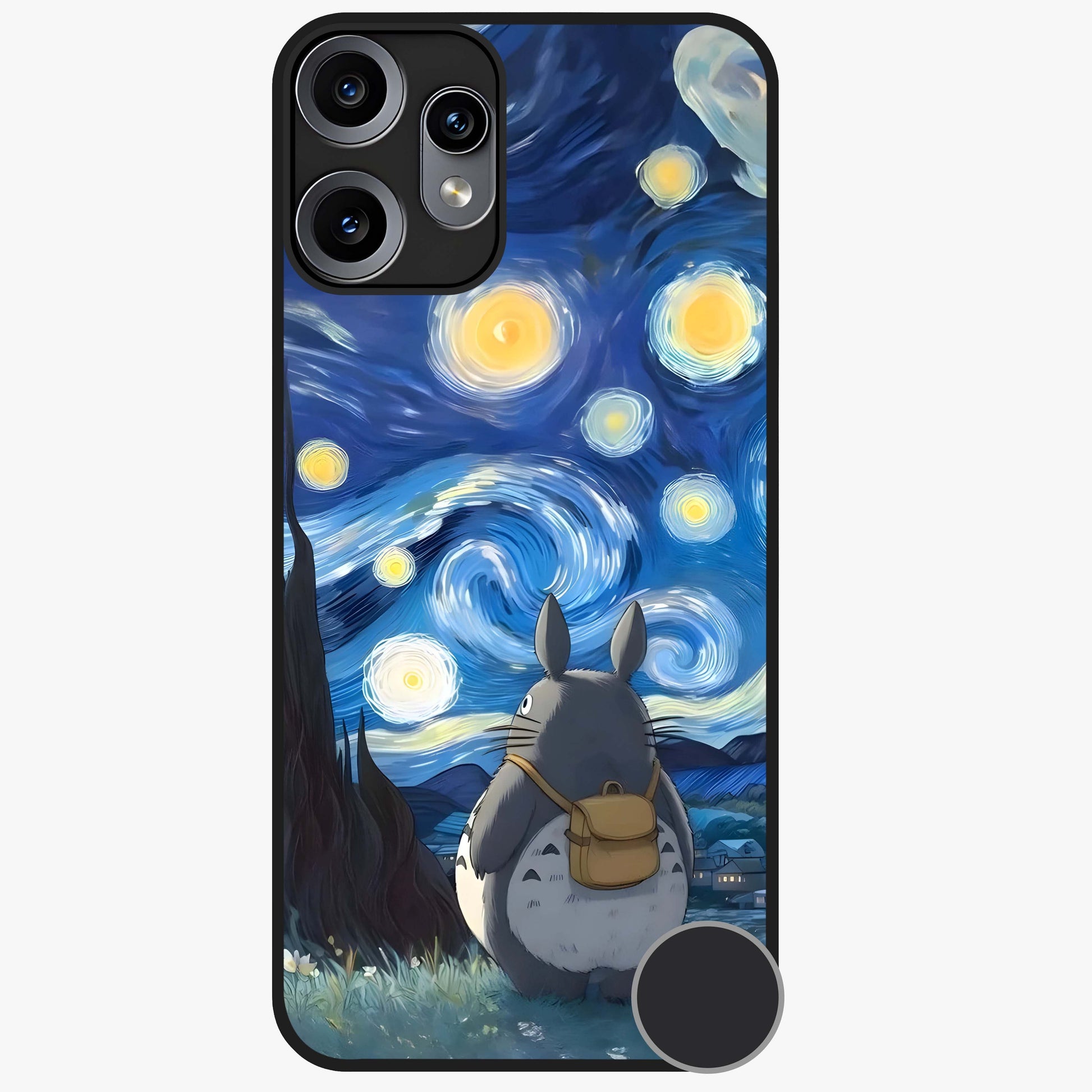 Totoro In Van Gogh Art Glass Case showing flat back view with whimsical character artwork inspired by Van Gogh style and glossy glass finish.