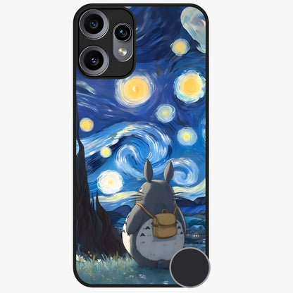 Totoro In Van Gogh Art Glass Case showing flat back view with whimsical character artwork inspired by Van Gogh style and glossy glass finish.