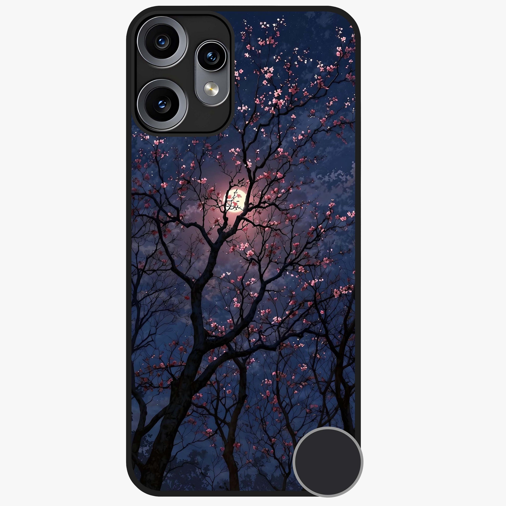 Twilight Sakura Serenade Glass Case showing flat back view with cherry blossom artwork at twilight and glossy glass finish.