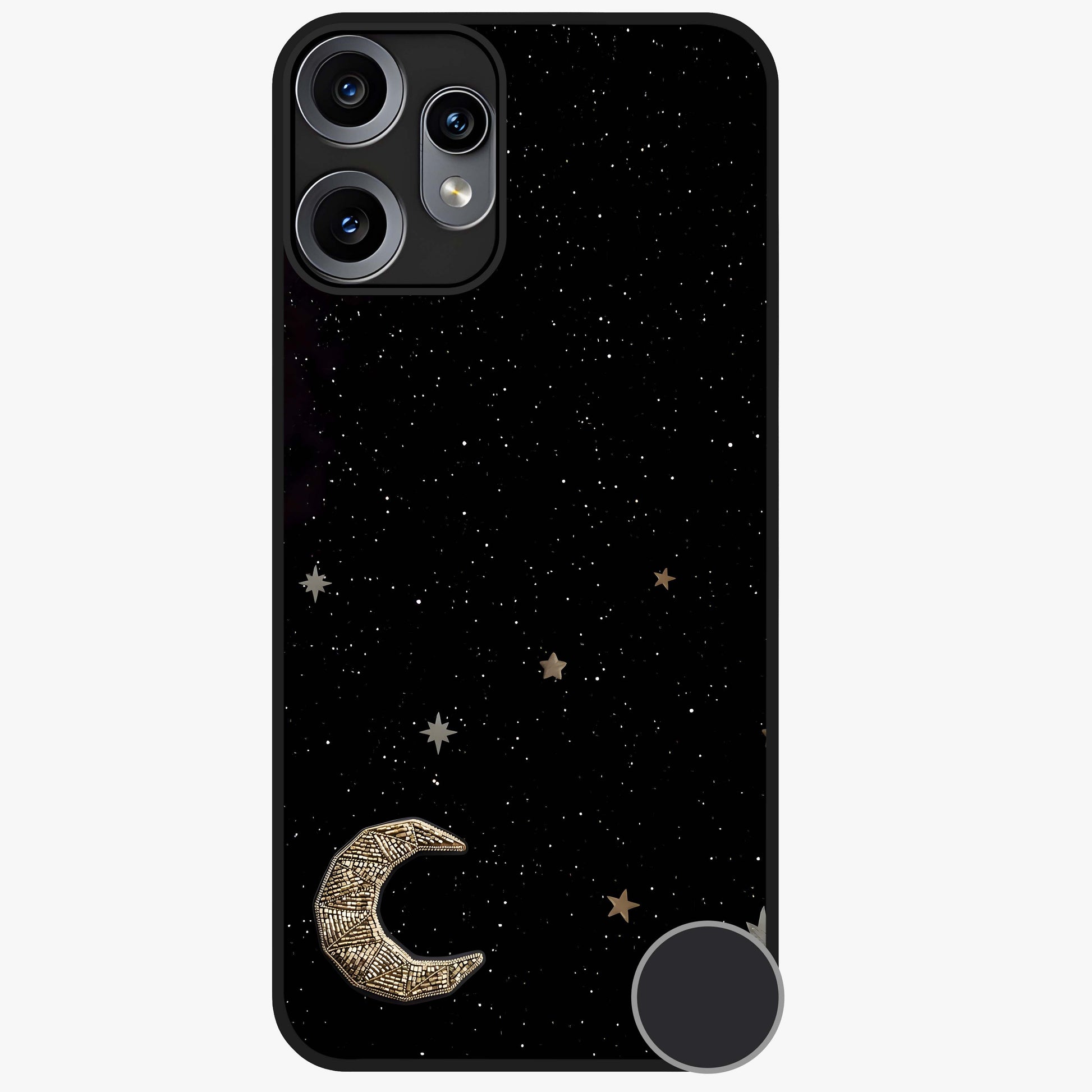 Twinkle Star With Half Moon Glass Case showing flat back view with star and half moon artwork and glossy glass finish.