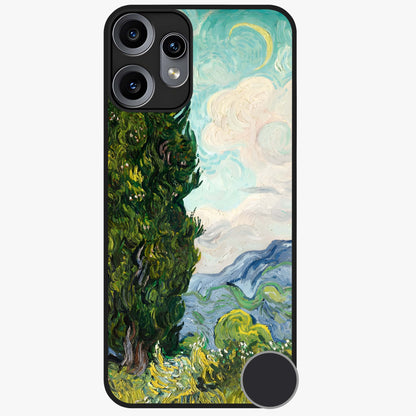 Van Gogh Vintage Art Glass Case showing flat back view with vintage painterly artwork inspired by Van Gogh style and glossy glass finish.