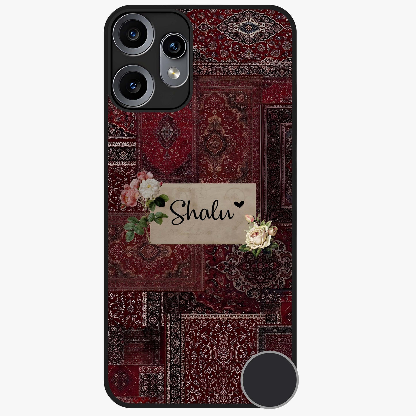 Velvet Wine Pattern Custom Name Glass Case showing flat back view with elegant wine colored pattern artwork and personalized name design.