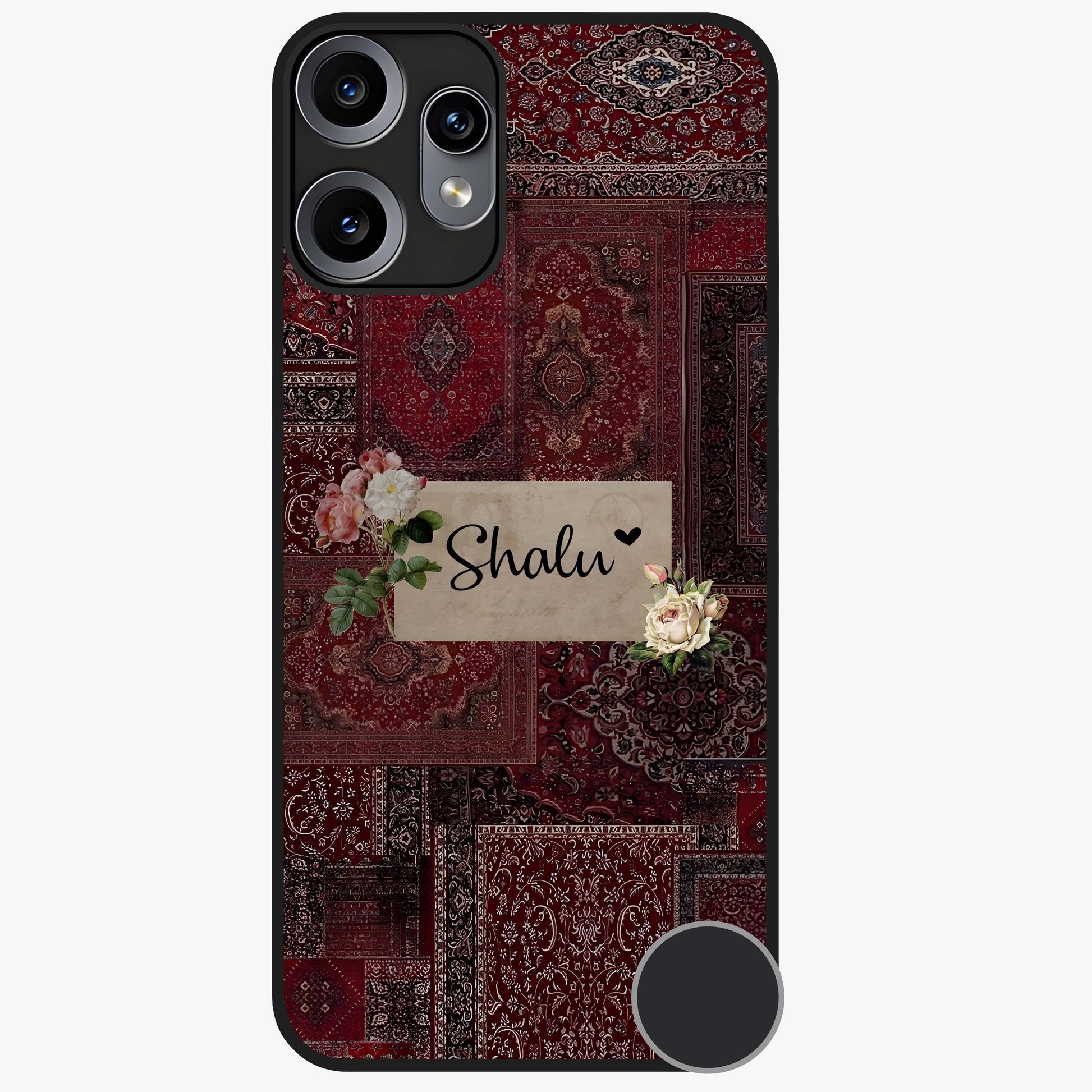 Velvet Wine Pattern Custom Name Glass Case showing flat back view with elegant wine colored pattern artwork and personalized name design.