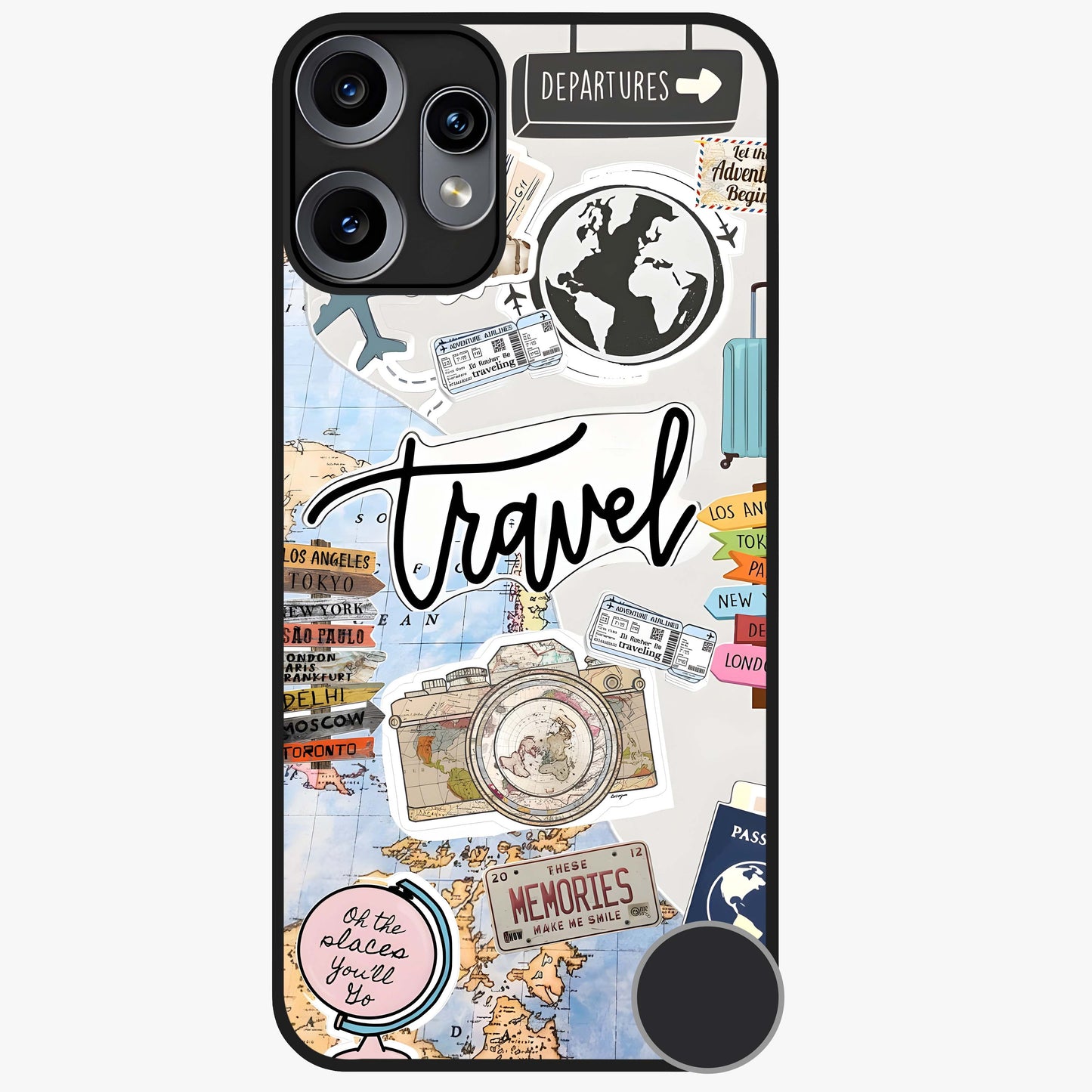 Wanderlust Journal Glass Case showing flat back view with travel inspired artwork and glossy glass finish.