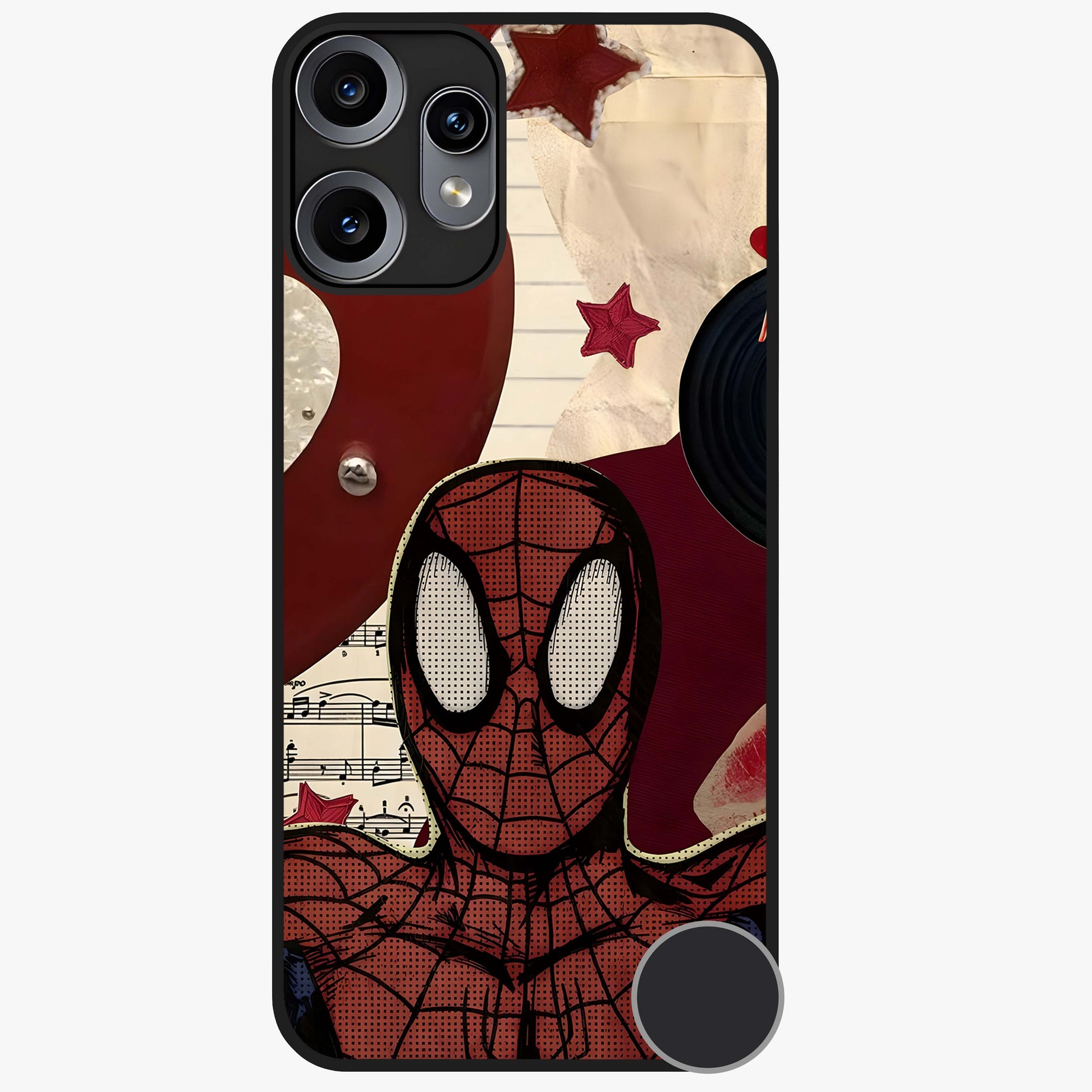 Web Warrior Vibes Glass Case showing flat back view with superhero inspired web themed artwork and glossy glass finish.