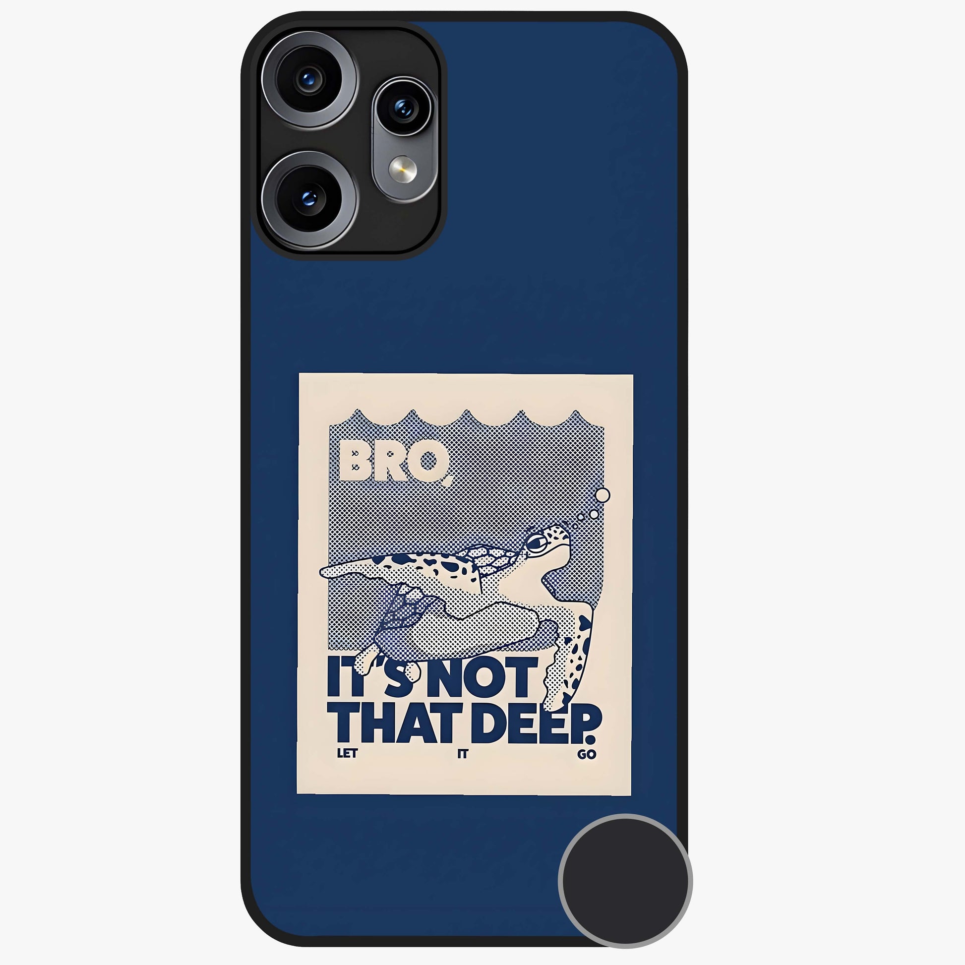 Worry Less Swim Glass Case showing flat back view with playful motivational artwork and glossy glass finish.