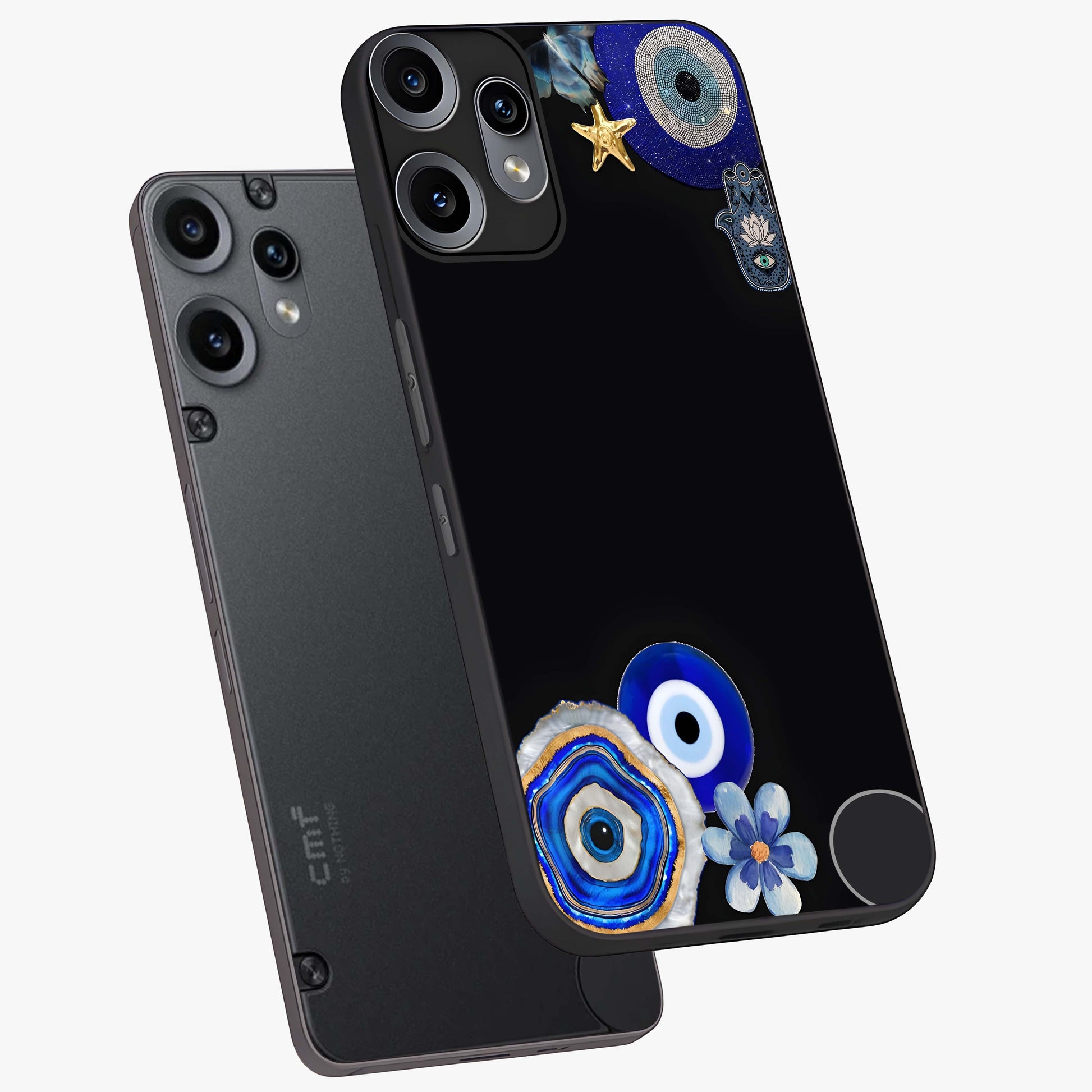 Aesthetic Blue Evil Eye Glass Case displayed in angled mockup highlighting blue evil eye symbol and spiritual aesthetic design.