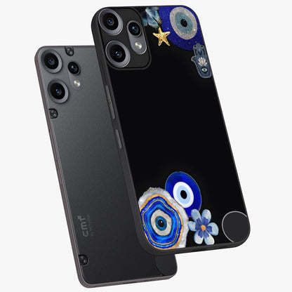 Aesthetic Blue Evil Eye Glass Case displayed in angled mockup highlighting blue evil eye symbol and spiritual aesthetic design.
