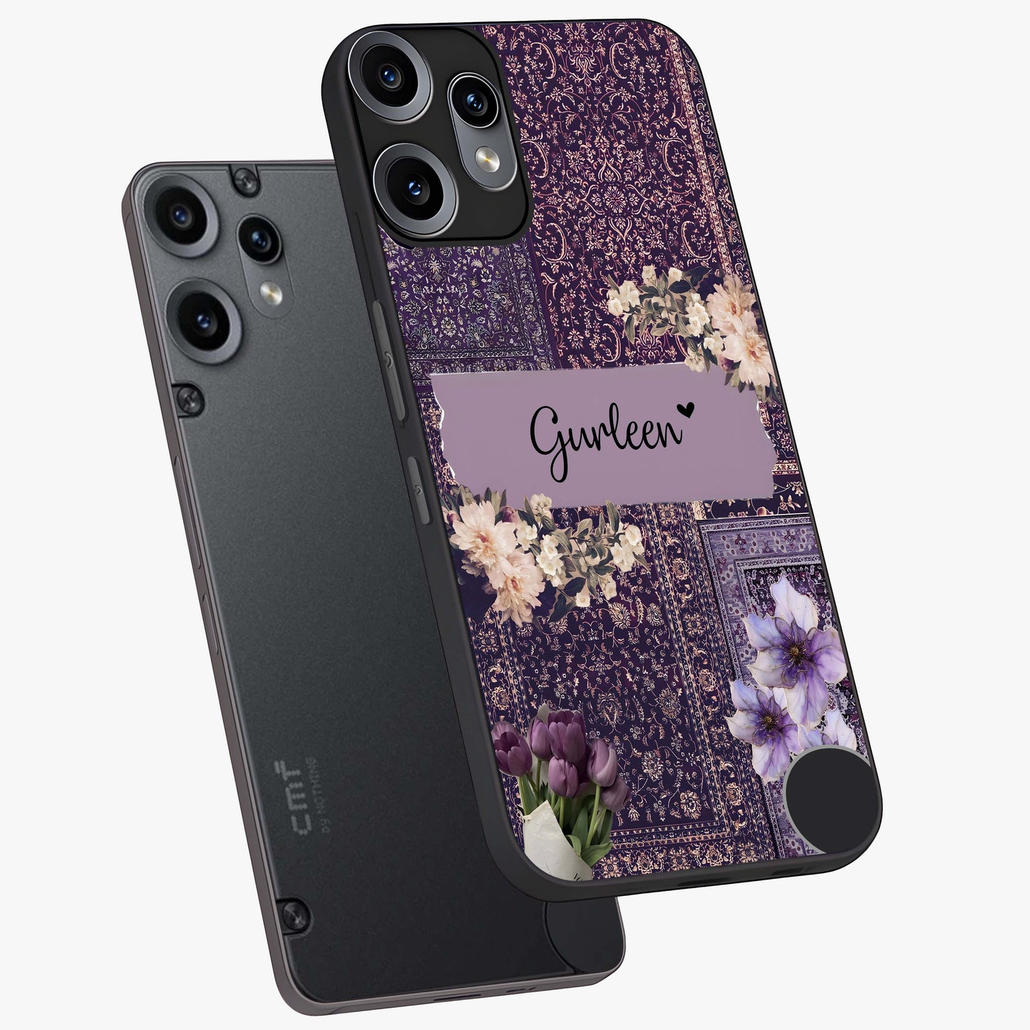 Antique Floral Whisper Custom Name Glass Case displayed in angled mockup highlighting elegant antique floral aesthetic.