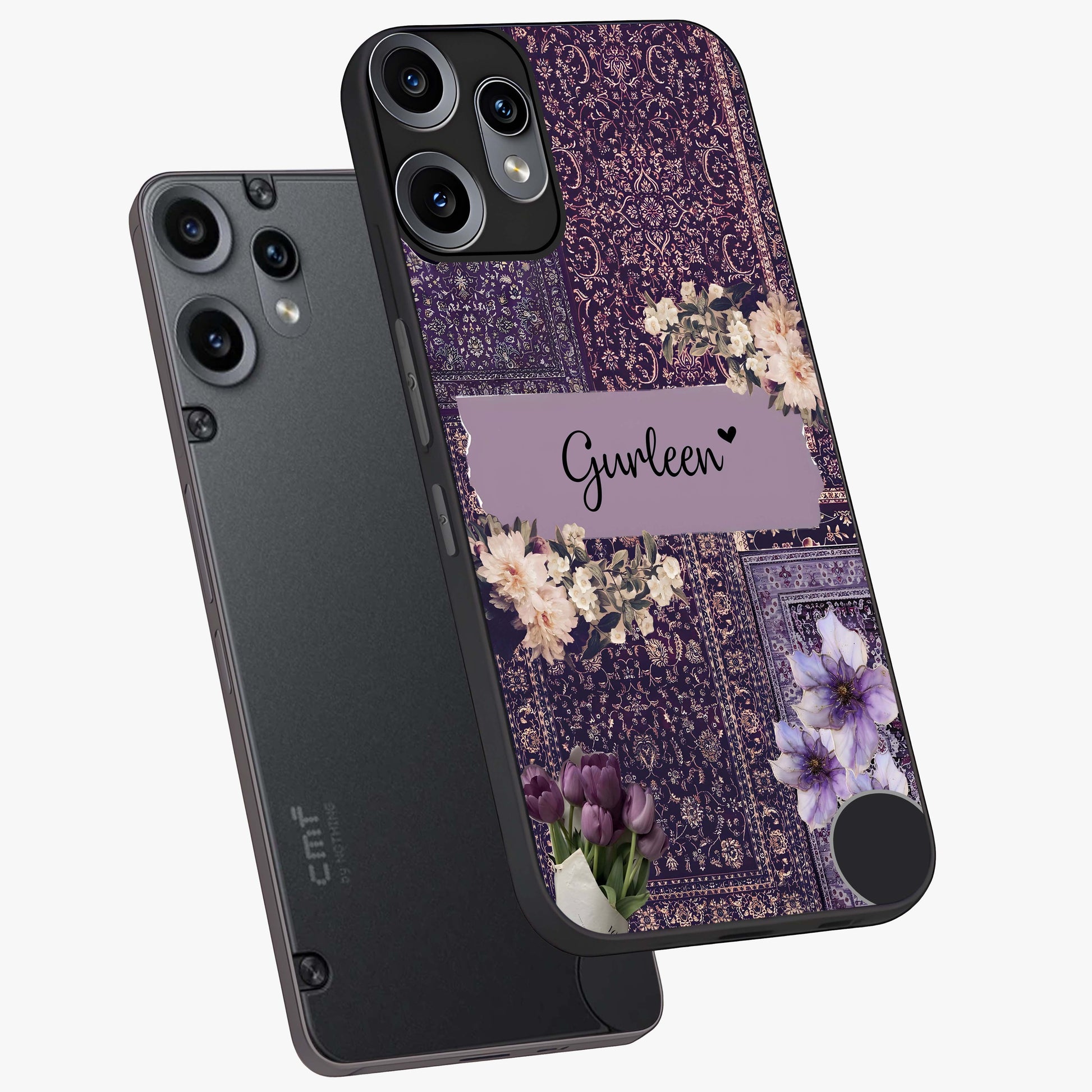 Antique Floral Whisper Custom Name Glass Case displayed in angled mockup highlighting elegant antique floral aesthetic.