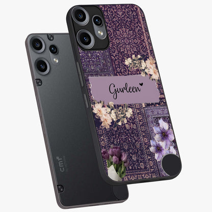 Antique Floral Whisper Custom Name Glass Case displayed in angled mockup highlighting elegant antique floral aesthetic.