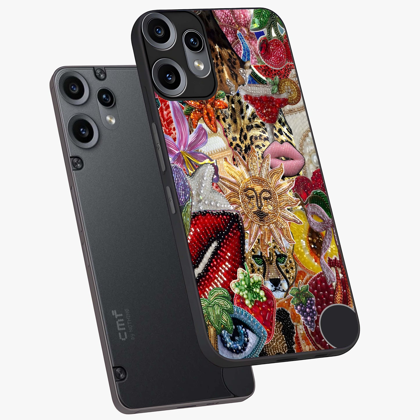 Beaded Fashion Jungle Glass Case displayed in angled mockup highlighting colorful fashion bead design and artistic pattern.