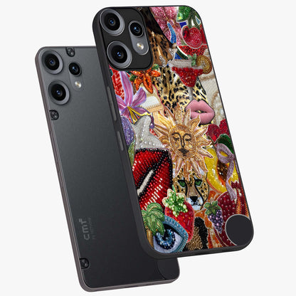 Beaded Fashion Jungle Glass Case displayed in angled mockup highlighting colorful fashion bead design and artistic pattern.