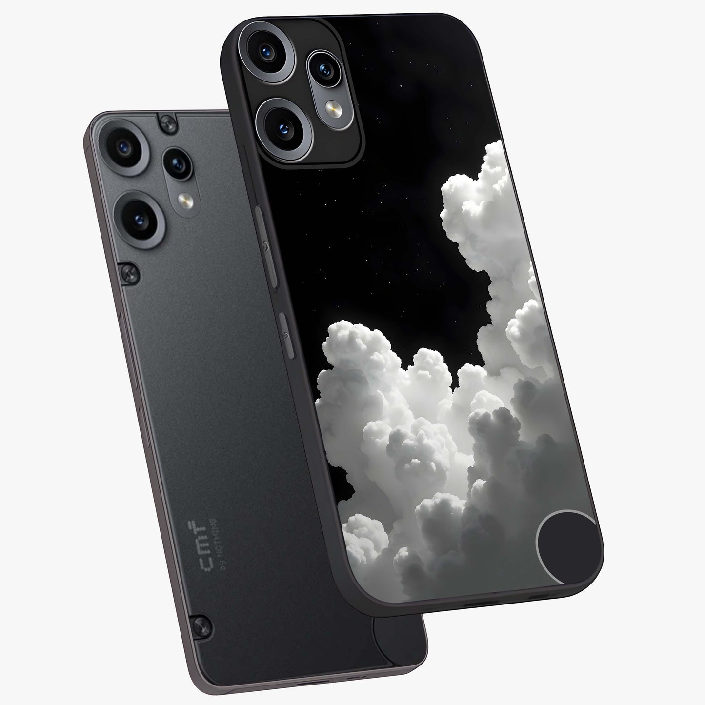 Black Background With White Cloud Glass Case displayed in angled mockup highlighting soft white cloud illustration and minimal design.
