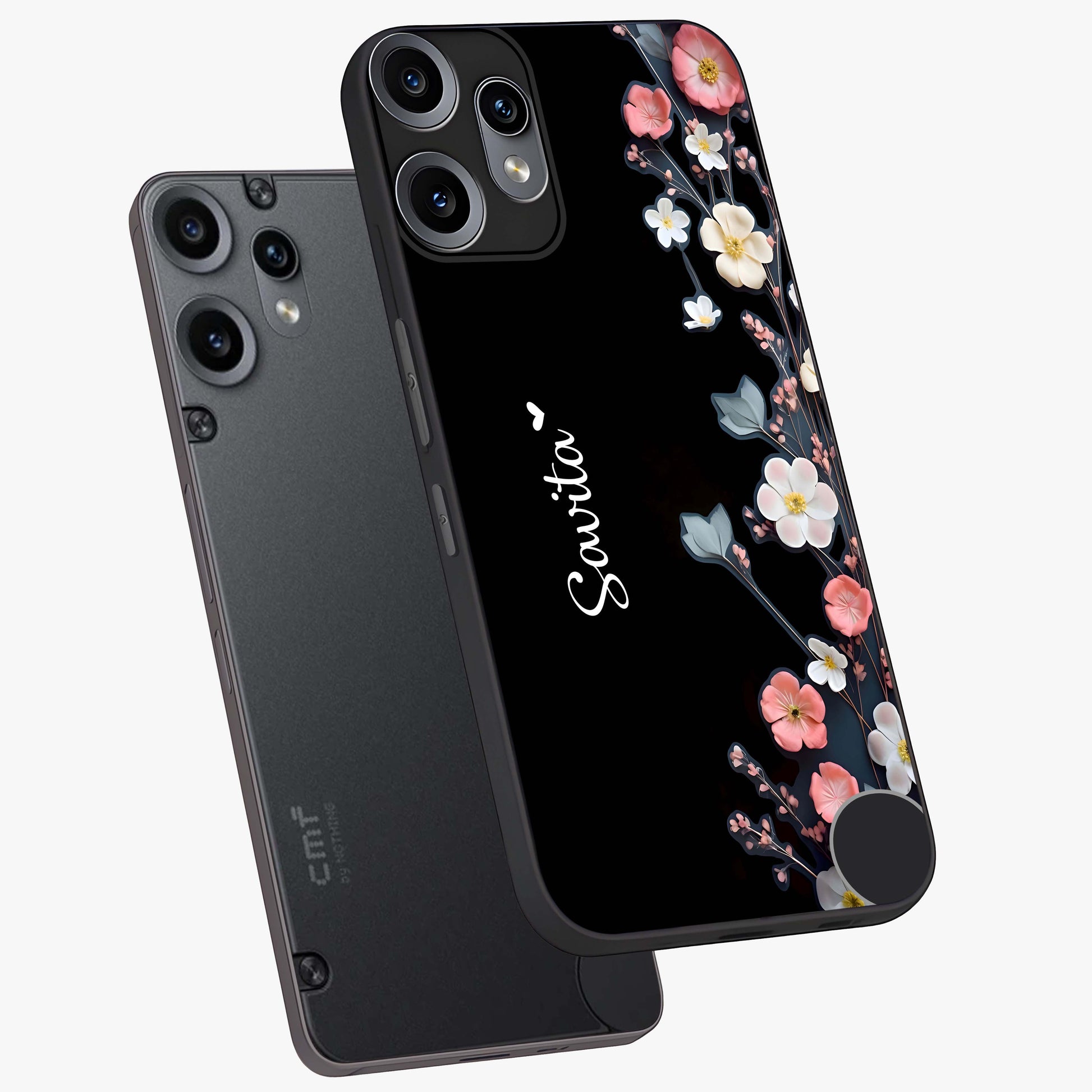 Black Elegance Floral Custom Name Glass Case displayed in angled mockup highlighting dark floral aesthetic and custom name feature.