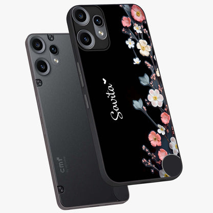 Black Elegance Floral Custom Name Glass Case displayed in angled mockup highlighting dark floral aesthetic and custom name feature.