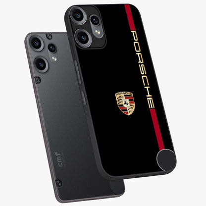 Black Minimal Porsche Glass Case displayed in angled mockup highlighting modern minimal car illustration and clean aesthetic design.