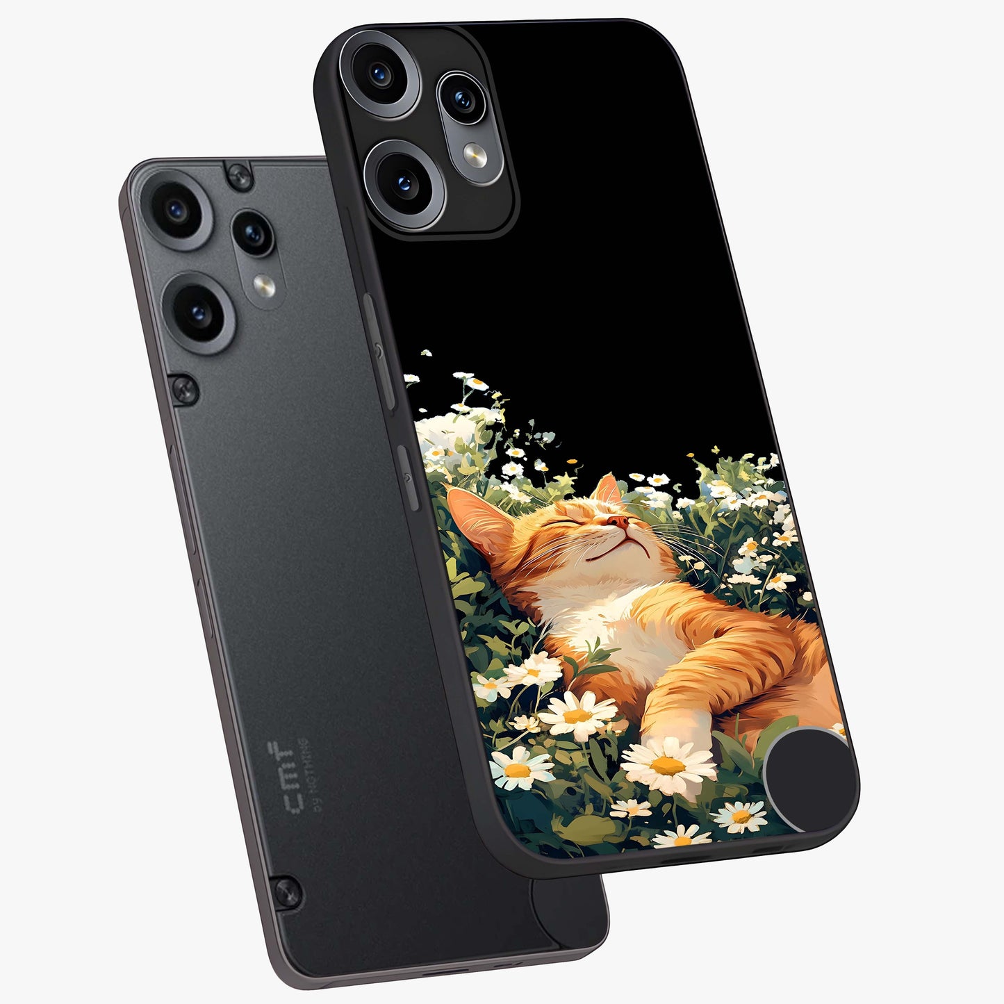 Blissful Bloom Cat Glass Case displayed in angled mockup highlighting playful feline illustration with soft floral aesthetic.