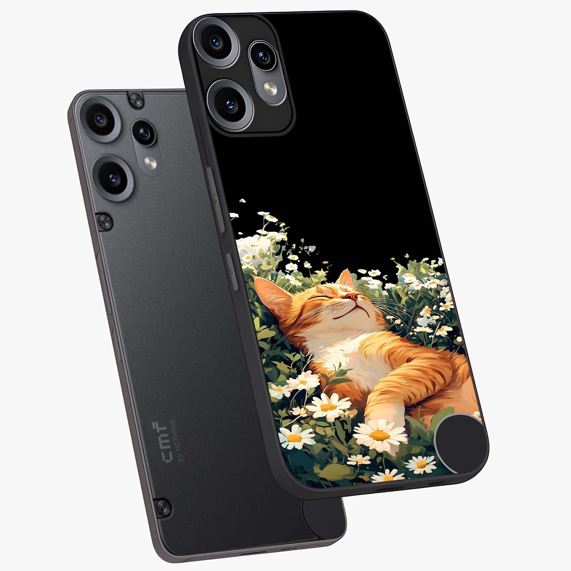 Blissful Bloom Cat Glass Case displayed in angled mockup highlighting playful feline illustration with soft floral aesthetic.