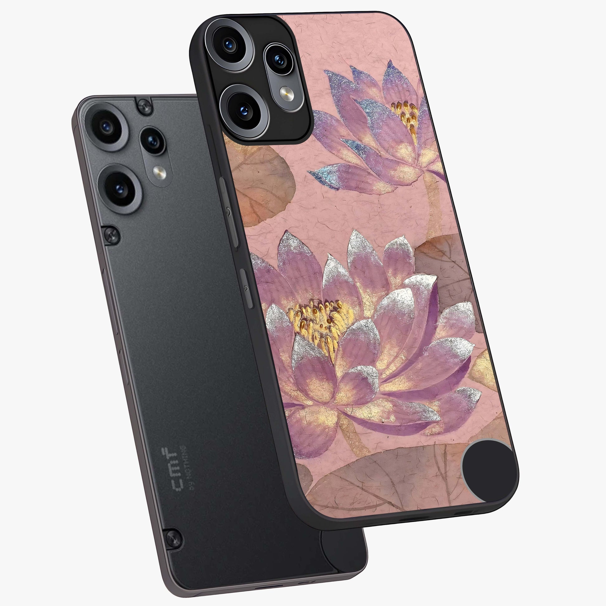 Blossom Mist Lotus Glass Case displayed in angled mockup highlighting delicate lotus illustration with calm aesthetic theme.
