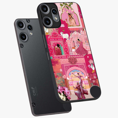 Blossoms of Rajasthan Glass Case displayed in angled mockup highlighting vibrant floral pattern with cultural aesthetic style.